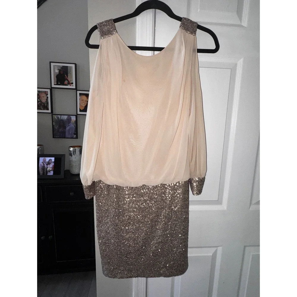 Cache Women‎ Rose Gold Sequin Cold Shoulder Blouson Cocktail Dress Size 10